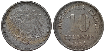 Германия 10 пфеннигов 1921 A KM 20, J. 298 железо 4119-136
