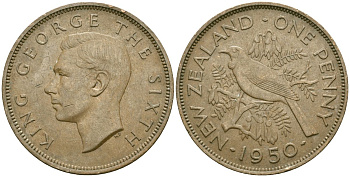 Новая Зеландия 1 пенни 1950 Георг VI (1936-1952), новозеландский туи KM 21 бронза 4536-242
