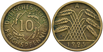 ГЕРМАНИЯ 10 РЕЙХСПФЕННИГОВ 1925 A KM 40, J.317 алюминиевая бронза 75-213