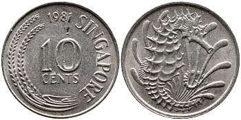 СИНГАПУР 10 ЦЕНТОВ 1981 МОРСКОЙ КОНЕК KM 3 медно-никель 26-1015