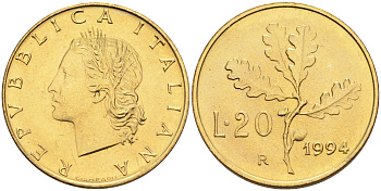 Италия 20 лир 1994 R, дубовый лист KM 97.2 алюминиевая бронза  UNC  4594-867
