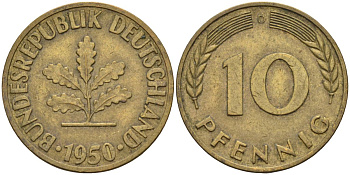 ФРГ 10 пфеннигов 1950 D KM 108 сталь плакированная латунью 4126-526