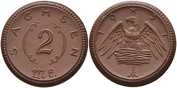 Саксония 2 марки 1921 J. N 56 фарфор 1094-1-31