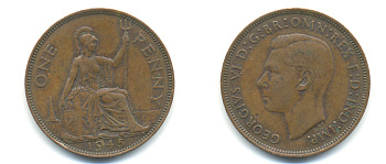 Великобритания 1 пенни 1945 Георг VI (1936-1952) KM 845, Spink 4114 бронза 89-221