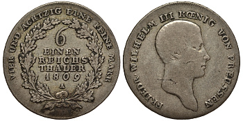 Бранденбург-Пруссия 1/6 талера 1809 A, Фридрих Вильгельм III (1797-1840) KM 385 серебро 1515-2014