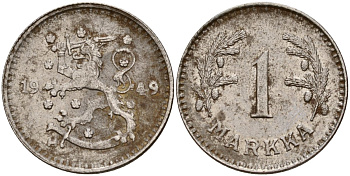 Финляндия 1 марка 1949 Н KM 30b железо 4580-1263