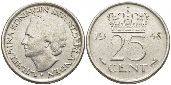 НИДЕРЛАНДЫ 25 ЦЕНТОВ 1948 ВИЛЬГЕЛЬМИНА KM 178 никель 112-269