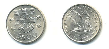 ПОРТУГАЛИЯ 5 ЭСКУДО 1977 ПАРУСНИК KM 591 медно-никель 176-252