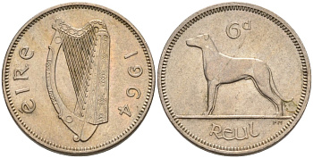 Ирландия 6 пенсов 1964 мрландский волкодав, собака KM 13а медно-никель 92-124