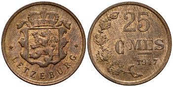 Люксембург 25 сантимов 1947 Шарлотта (1918-1964) KM 45 бронза 4532-458