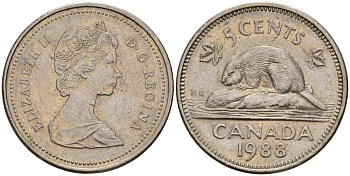 Канада 5 центов 1988 Елизавета II (1953-), бобр KM 60.2a медно-никель 4189-915