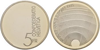 Швейцария 5 франков 1985 Европейский год музыки,оригинальная коробка KM 64 медно-никель  PROOF  2-4-2-40