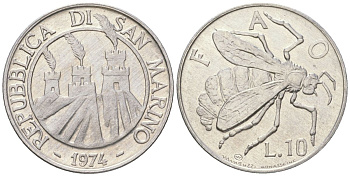Сан-Марино 10 лир 1974 ФАО, пчела KM 33 алюминий aUNC 4119-346