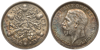 Великобритания 6 пенсов 1936 Георг V (1910-1936) KM 832, Spink 4041 серебро 1522-611