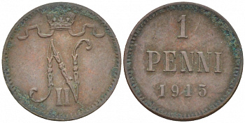 РОССИЯ ДЛЯ ФИНЛЯНДИИ 1 ПЕННИ 1915 НИКОЛАЙ II KM 13, Биткин 475 медь 261-1147