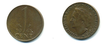 Нидерланды 1 цент 1948 Вильгельмина (1890-1948), год тип KM 175 бронза 54-617