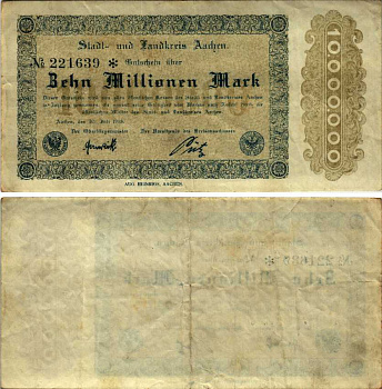 ААХЕН 10000000 МАРОК 1923 НОТГЕЛЬД, 20 ИЮЛЯ 1923, ЗЕМЛЯ СЕВЕРНЫЙ РЕЙН-ВЕСТФАЛИЯ Keller 1b бумага 6318-30-3-2