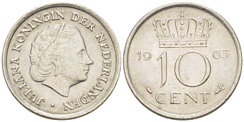 Нидерланды 10 центов 1965 Юлиана (1949-1980) KM 182 никель 214-1215