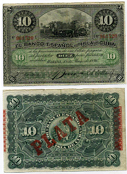 Куба 10 песо 1896 Испанская Администрация, надпечатка PLATA Pick 49 d бумага 7204-30-3