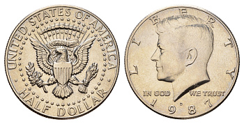 США 1/2 доллара (50 центов) 1987 D, Джон Кеннеди, редкий год KM A202b медь плакированная медно-никелем UNC 4672-632