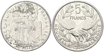 Французская Новая Каледония 5 франков 2011 птица кагу, (IEOM) KM 16, Schoen 12, Lec 81k алюминий 4111-1012
