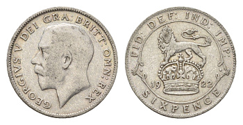 Великобритания 6 пенсов 1922 Георг V (1910-1936) KM 815а.1, Spink 4024 серебро 4644-854