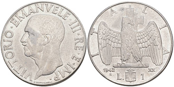 ИТАЛИЯ 1 ЛИРА 1942 R, ГОД XX, ВИКТОР ЭММАНУИЛ III (1900-1946) KM 77b, VEM3. 1102 нержавеющая сталь 3855-443