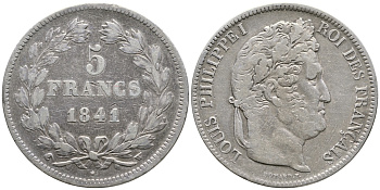 Франция 5 франков 1841 W, Луи Филипп I (1830-1848) KM 749.13 серебро 1066-6-53