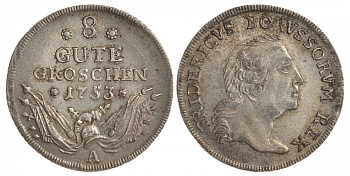 Пруссия 8 гутергрошей 1753 Фридрих II Великий, военная арматура Old. 14, Schr. 209 серебро 00-806-70