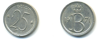 Бельгия 25 сантимов 1971 Belgie, Бодуэн I (1951-1993 KM 154.1 медно-никель 86-1256