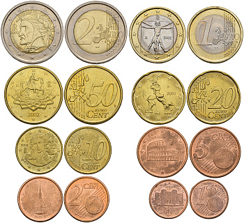 Италия евронабор из 8 монет 2002 1, 2, 5, 10, 20, 50 евроцентов, 1 И 2 евро KM 210, 211, 212, 213, 214, 215, 216, 217 UNC N6-20