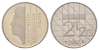 Нидерланды 2 1/2 гульдена 1987 Беатрикс (1980-2013), редкий год KM 206 никель UNC 4367-516
