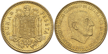ИСПАНИЯ 1 ПЕСЕТА 1966 (72) ФРАНСИСКО ФРАНКО ДИКТАТОР ИСПАНИИ ( 1939- 1975) KM 796 алюминиевая бронза 216-612