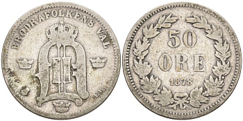 Швеция 50 эре 1878 ЕВ, Оскар II (1872-1907) король Швеции и Норвегии, RARE KM 740 серебро 190-847