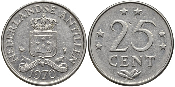 Нидерландские Антилы 25 центов 1970 Юлиана (1948-1980) KM 11 никель 4164-451