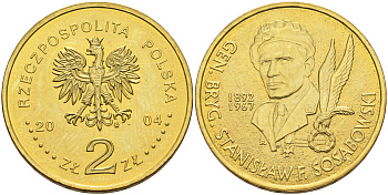 Польша 2 злотых 2004 MW, бригадный генерал Станислав Сосабовский (1892-1967) KM 499 нордик UNC 4676-142