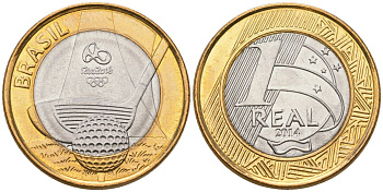 Бразилия 1 реал 2014 XXXI летние Олимпийские Игры, Рио-де-Жанейро 2016 - Гольф KM 690 биметалл UNC 4139-535