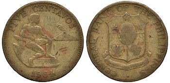 ФИЛИППИНЫ 5 СЕНТАВО 1964 KM 187 латунь 4182-243