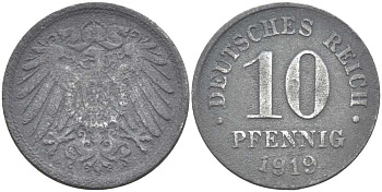 ГЕРМАНИЯ 10 ПФЕННИГОВ 1919 KM 26, J. 299 цинк 4401-141