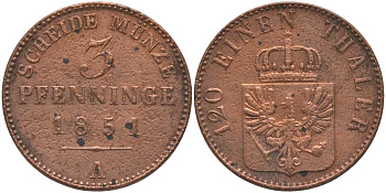 ПРУССИЯ 3 ПФЕННИГА 1851 А, ФРИДРИХ ВИЛЬГЕЛЬМ IV (1840-1861) KM 453 медь 117-422