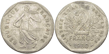ФРАНЦИЯ 2 ФРАНКА 1980 СЕЯТЕЛЬ KM 942.1, LE FRANC 272.4 никель 111-1112
