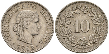 Швейцария 10 раппенов 1962 B KM 27 медно-никель 4189-365