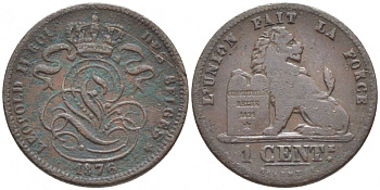 Бельгия 1 сантим 1876 Belges, Леопольд II (1865-1909) KM 33.1 медь 105-919
