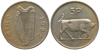 ИРЛАНДИЯ 5 ПЕНСОВ 1982 БЫК KM 22 медно-никель 51-632