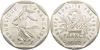 ФРАНЦИЯ 2 ФРАНКА 1980 СЕЯТЕЛЬ KM 942.1, LE FRANC 272.4 никель 111-1046