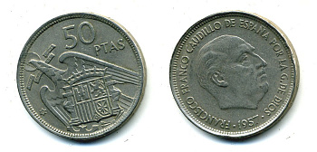 ИСПАНИЯ 50 ПЕСЕТ 1958 1957 ГОД ФРАНЦИСКО ФРАНКО KM 788 медно-никель 41-1013