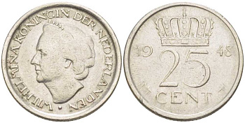 НИДЕРЛАНДЫ 25 ЦЕНТОВ 1948 ВИЛЬГЕЛЬМИНА (1890-1948) KM 177 никель 214-867