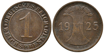 ГЕРМАНИЯ 1 РЕЙХСПФЕННИГ 1925 E KM 37, J. 313 бронза 39-914