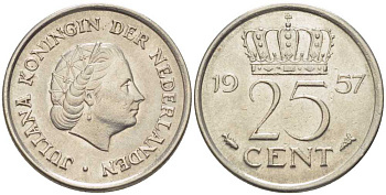 Нидерланды 25 центов 1957 Юлиана (1949-1980) KM 183 никель 214-924