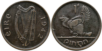 ИРЛАНДИЯ 1 ПЕННИ 1942 КУРИЦА С ЦЫПЛЯТАМИ KM 11 бронза 4531-635